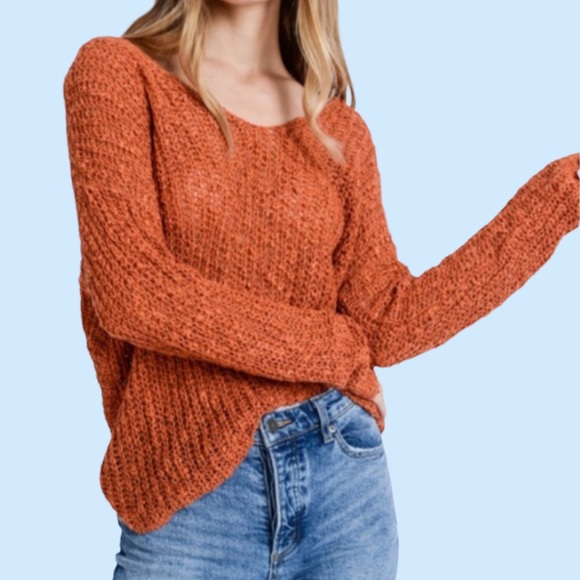 Rustic Orange Open Weave Twist Knot Back V-neck Top - Picture 3 of 12